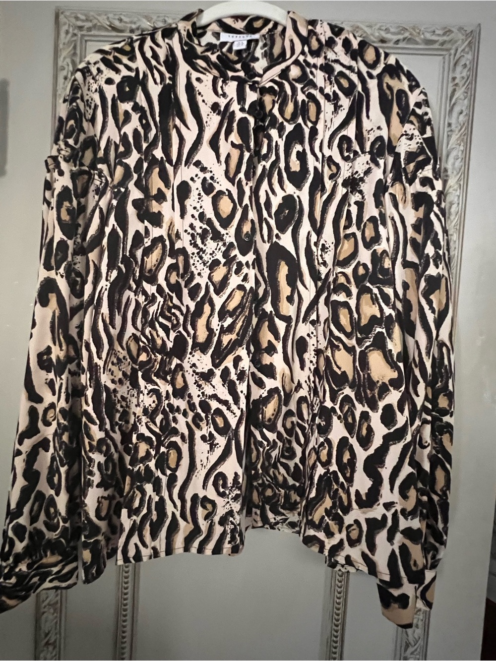 Topshop Animal Print Blouse US 14 UK 18 Mock Neck Long Sleeve Beige Black